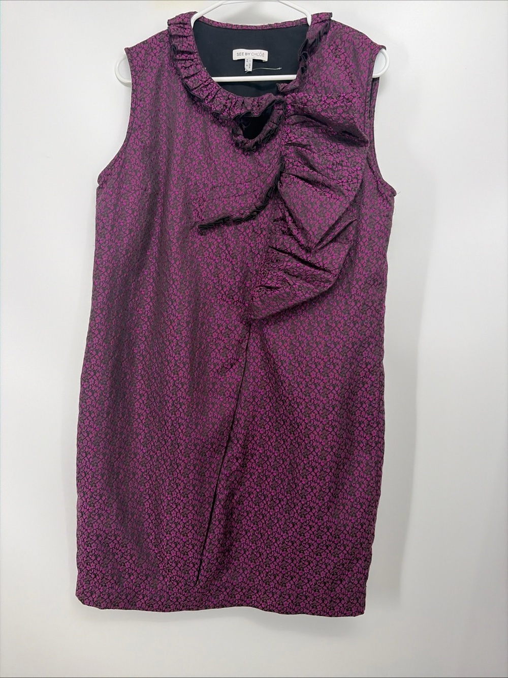 See by Chloe Mini Dress Sz 8 Purple Floral Ruffle Brocade EUC